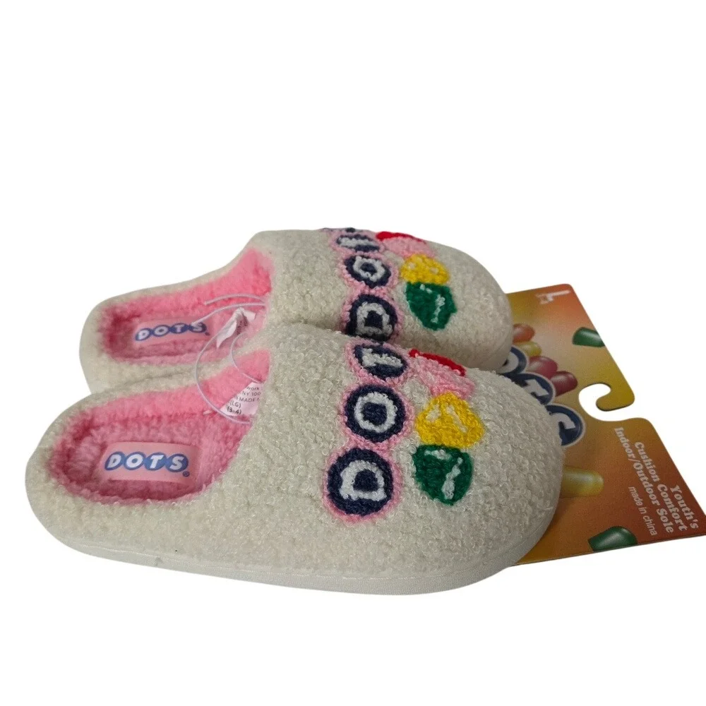 Dots Candy Plush Slippers Youth Large 3-4 Cozy Indoor Outdoor‎ Hard Sole